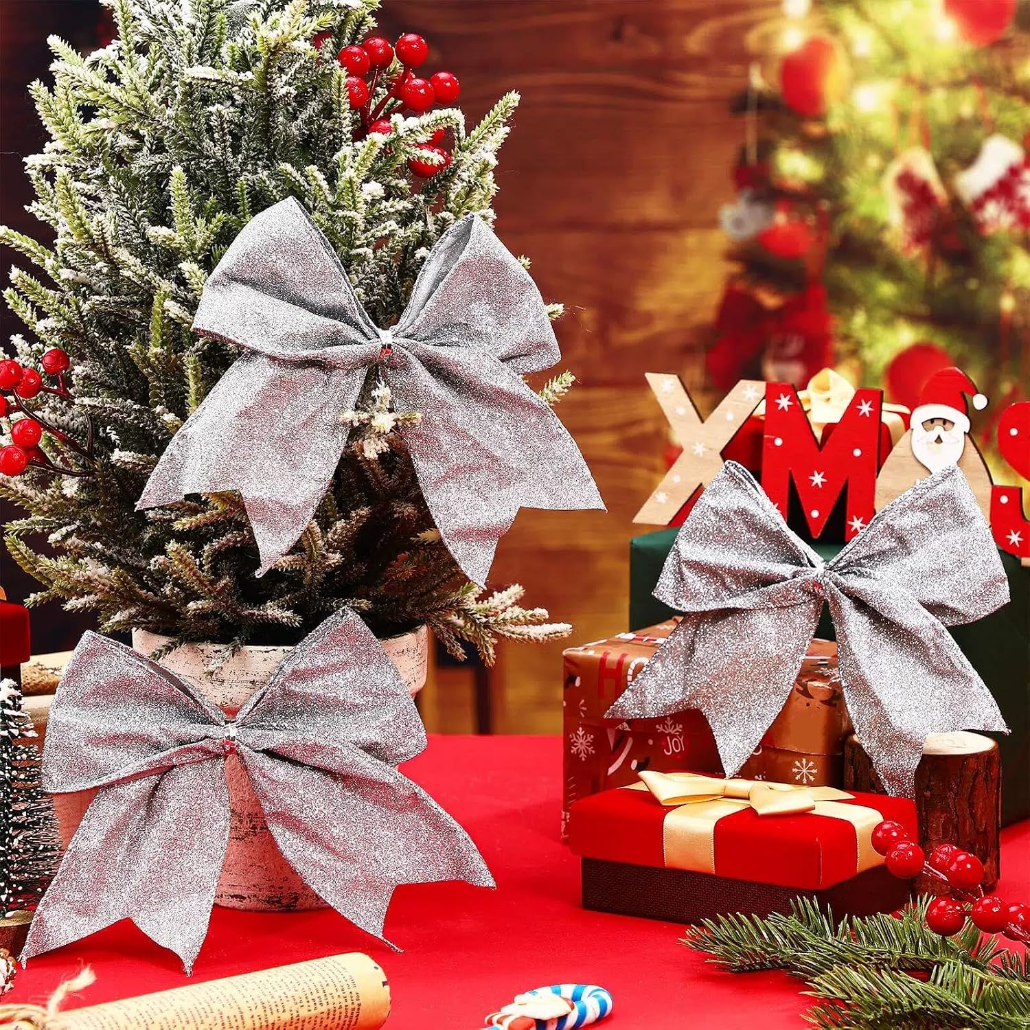 Panelee 12 Pieces Christmas Glitter Bow Decorations 6 x 6 Inches Small Christmas Tree Bows Ornaments Gift Shiny Holiday Xmas Ribbon Decor for Wreath, Garland, DIY Crafts(Silver)