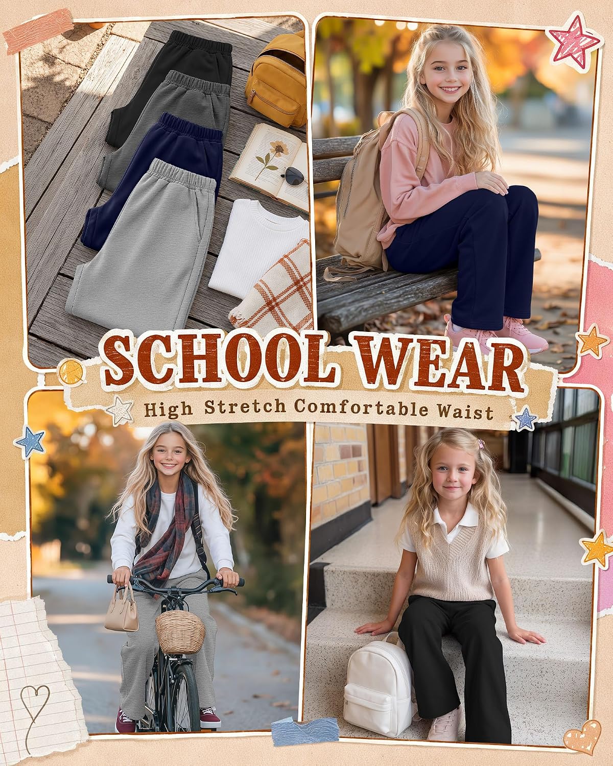 4 Pack Girls Wide Leg Sweatpants | for 5-16Y, Baggy, Tween School Pants, Open Bottom, Elastic Waist, Pockets, Soft, Athletic, Gym, Running, Casual, Trendy