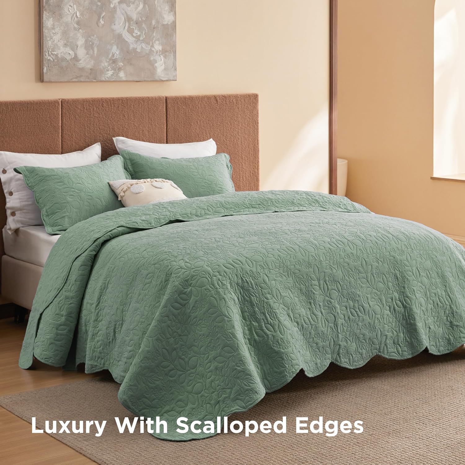 Bedsure Quilts Queen Size - Ultra Soft Pre-Washed Cloud-Like Bedding, All-Season Lightweight Comforter for Country Bedroom, Leaf Design Coverlet in Sage Green, 90 x 96 Inches thumbnail