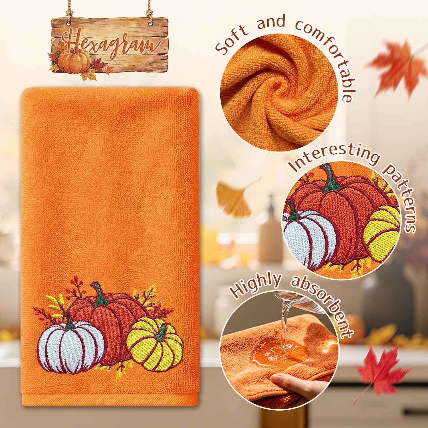 Hexagram Fall Hand Towels Set of 2, Pumpkin Embroidered Fall Bathroom Decor