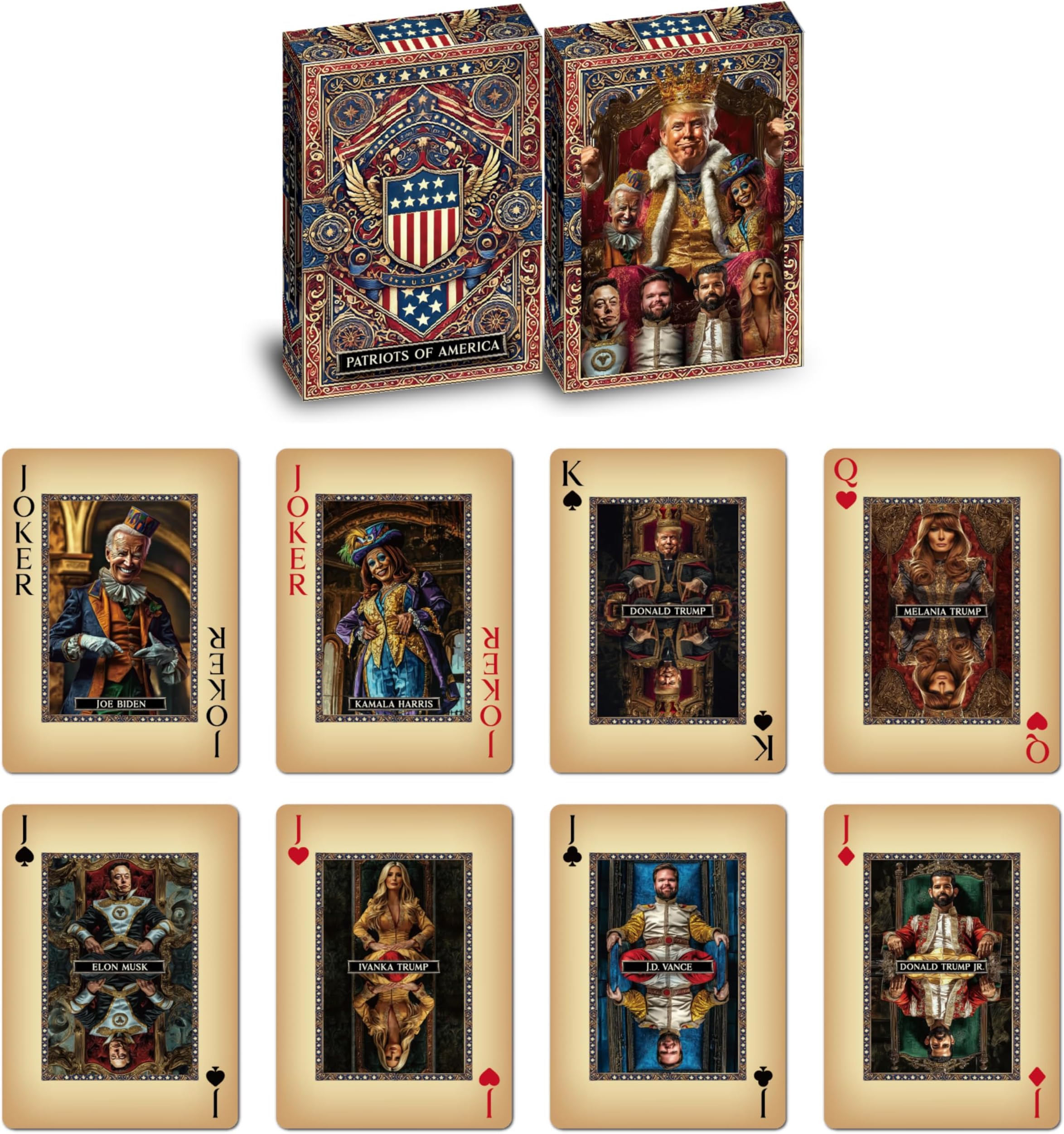 ASVP Shop Trump Playing Cards - Family & Allies - Premium Collectors Deck Featuring Donald Trump, Melania, Ivanka, Elon Musk, J.D. Vance & The Jokers Biden & Kamala Harris - Perfect for Poker Nights