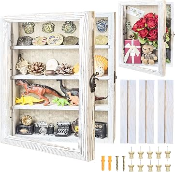 11x16 Shadow Box Frame with Shelves Large Rustic Deep Memory Display Case with Linen Back for Flowers, Pictures, Medals, Coins, Pins Collection and More, Including 3 Removable ShelvesWhite