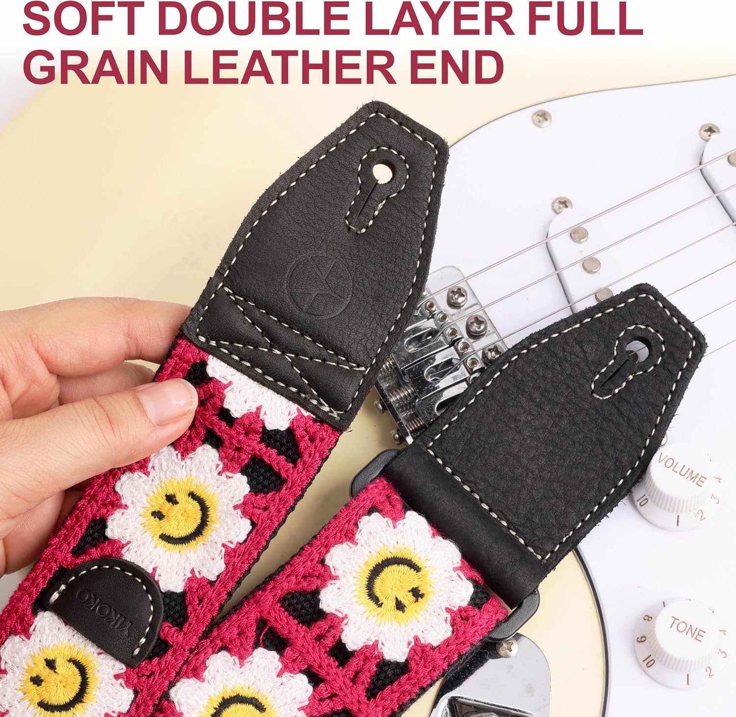  Guitar Strap, 2 inch Smiley Flower Knit Guitar Straps with Full Grain Leather End, for Bass Electric and Acoustic Guitars, Free Button, Locks and Picks-Red thumbnail