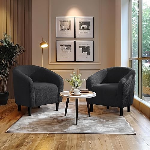 Miniatura 31 de Yaheetech Silla decorativa de respaldo curvo y cuero de imitación, silla de club, elegante sillón de velluda tela sherpa, suave y cómodo relleno,