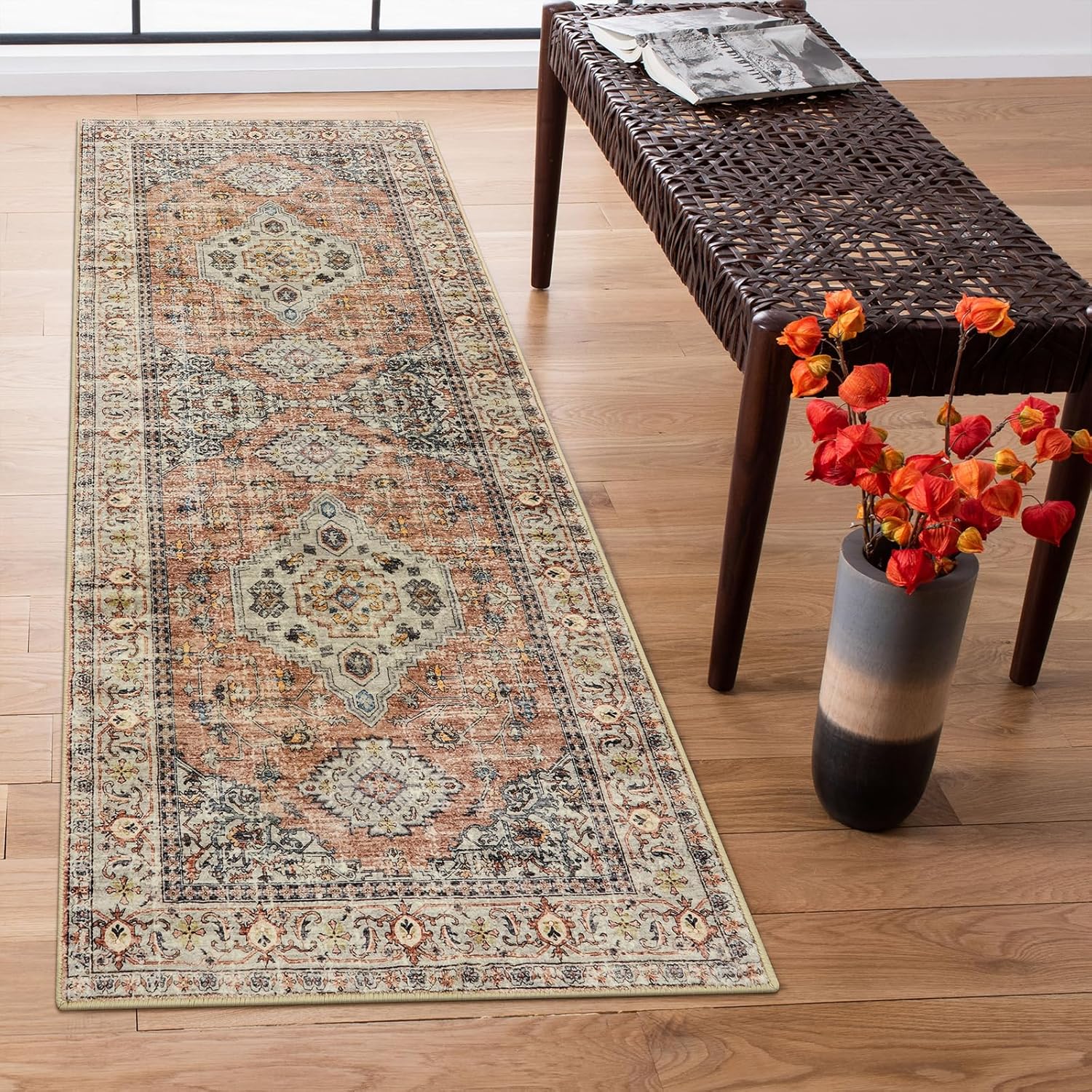 Lahome Oriental Washable Runner Rug, 2x6 Runner Rugs for Hallway Kitchen, Ultra-Thin Distressed Vintage Soft Long Carpet for Bathroom Bedroom Laundry Room, Peach/Orange