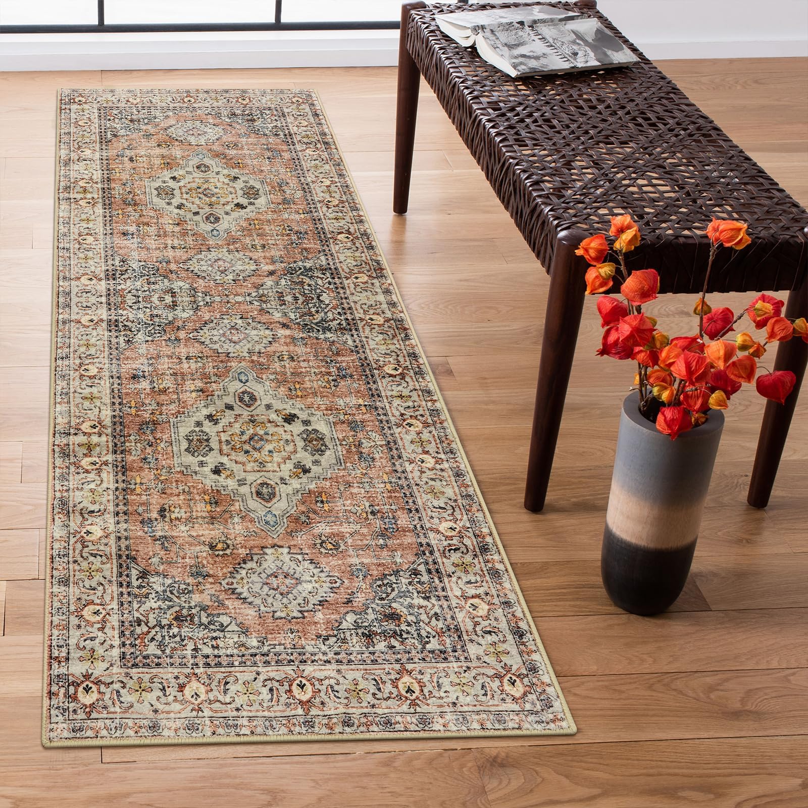 Oriental Washable Runner Rug, 2x6 Runner Rugs for Hallway Kitchen, Ultra-Thin Distressed Vintage Soft Long Carpet for Bathroom Bedroom Laundry Room Eleanor, Peach/Orange