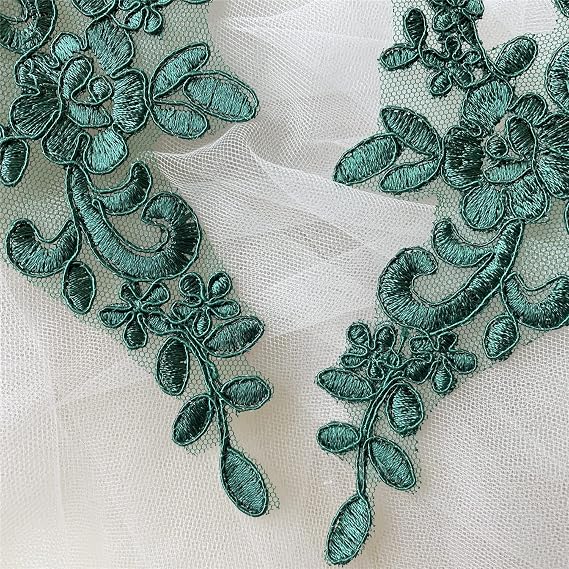 Lace Applique with Sequin Corded Flower Embroidery Lace Appliques Lace Motif Dress Patches for Craft Projects Mirror Pair (Emerald)