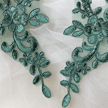 Lace Applique with Sequin Corded Flower Embroidery Lace Appliques Lace Motif Dress Patches for Craft Projects Mirror Pair (Emerald)