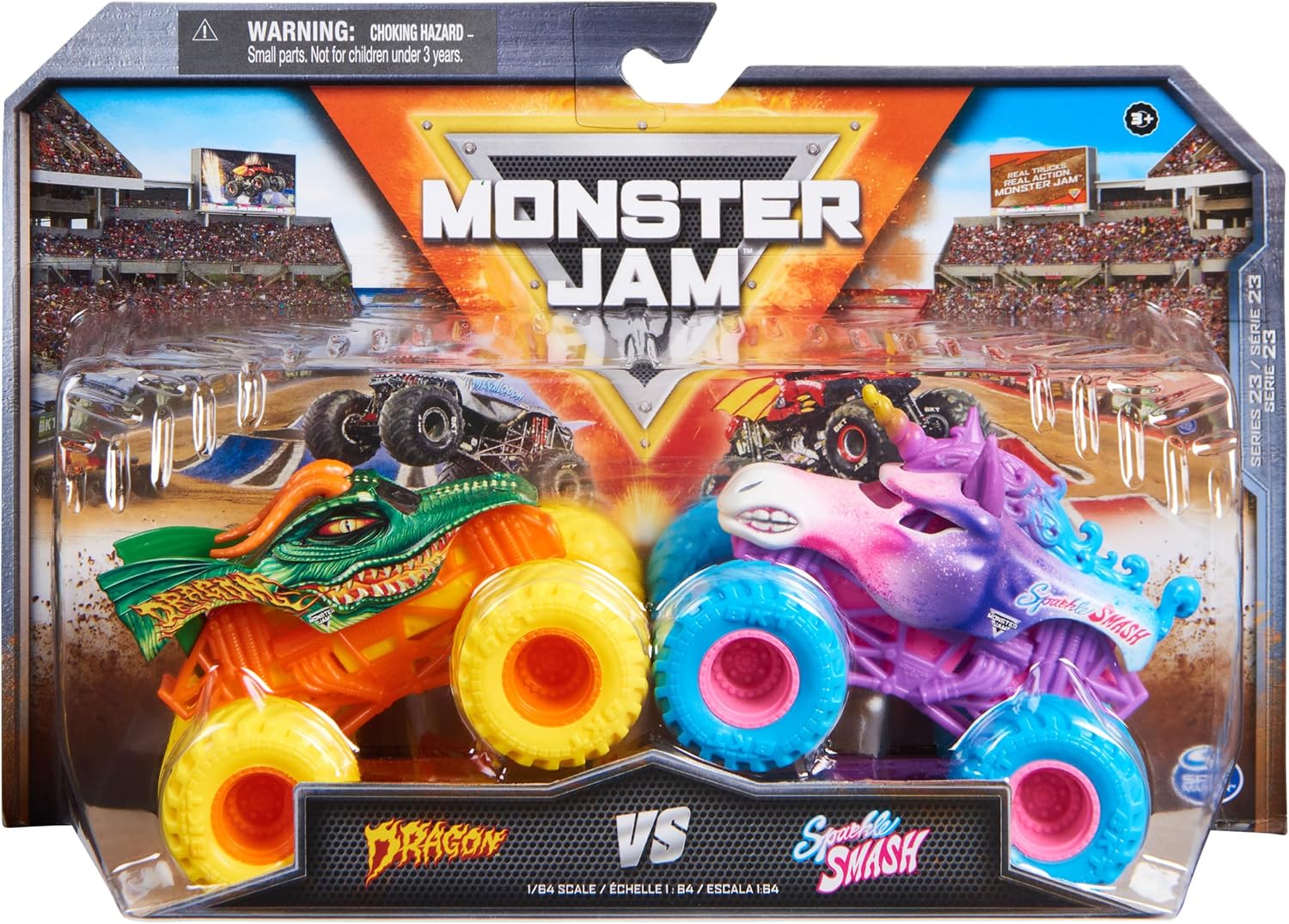 Monster Jam, Official Dragon Vs. Sparkle Smash Die-Cast Monster Trucks, 1:64 Scale, Kids Toys for Boys Ages 3 and up