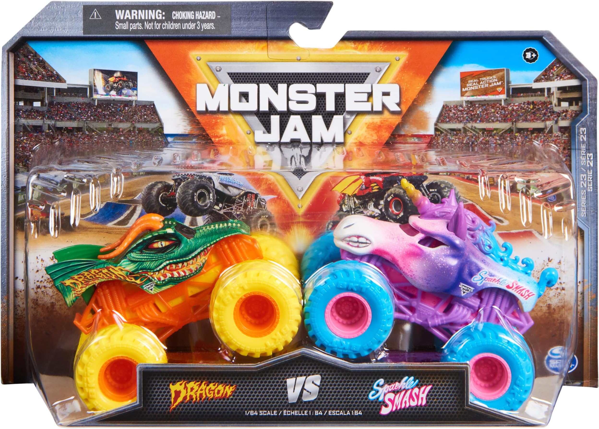 Official Dragon Vs. Sparkle Smash Die-Cast Monster Trucks, 1:64 Scale, Kids Toys for Boys Ages 3 and up