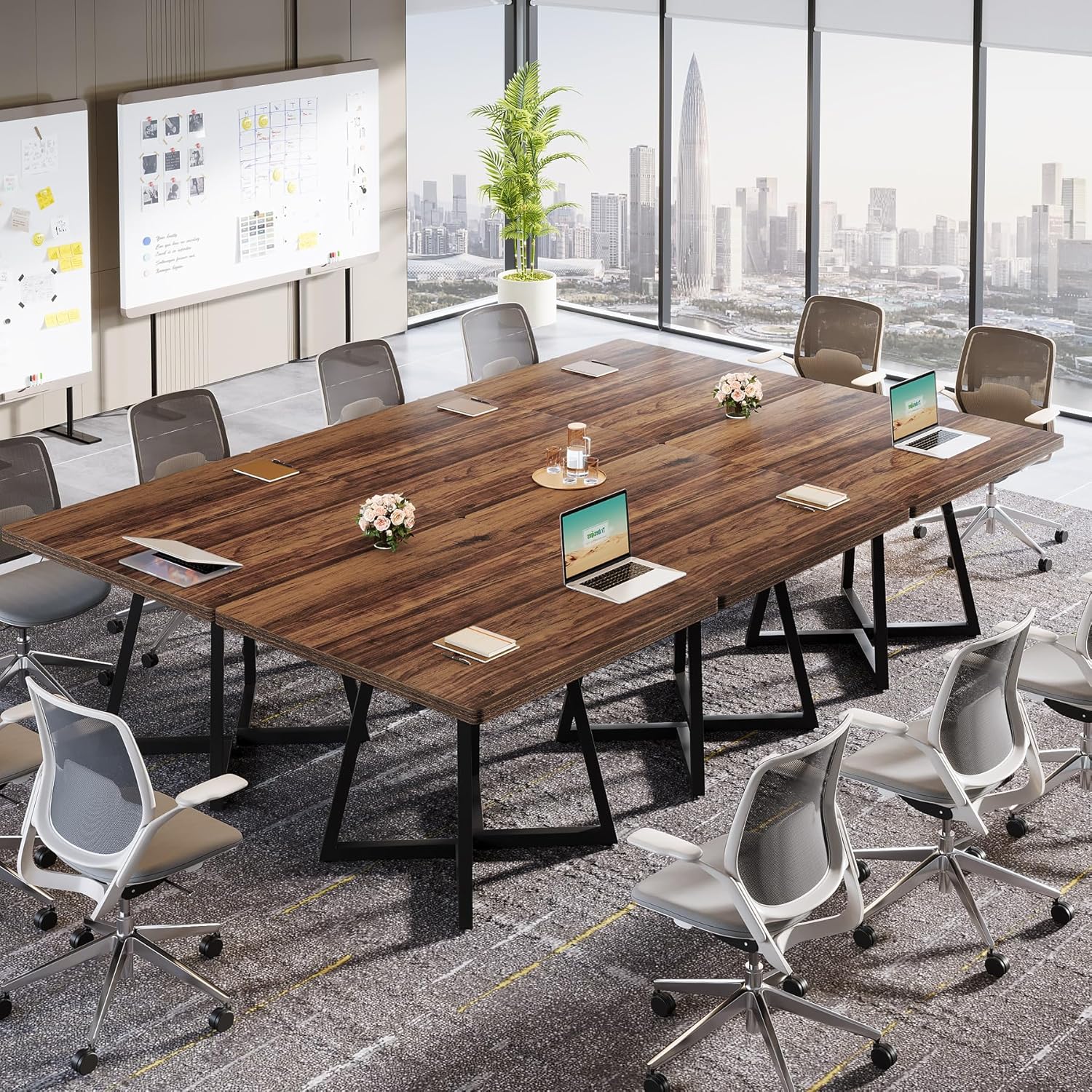 Tribesigns 31.5" Square Conference Table, Industrial Office Meeting Table for 4 People, Business Podcast Furniture with Metal Base for Small Spaces, Office Conference, Brown & Black