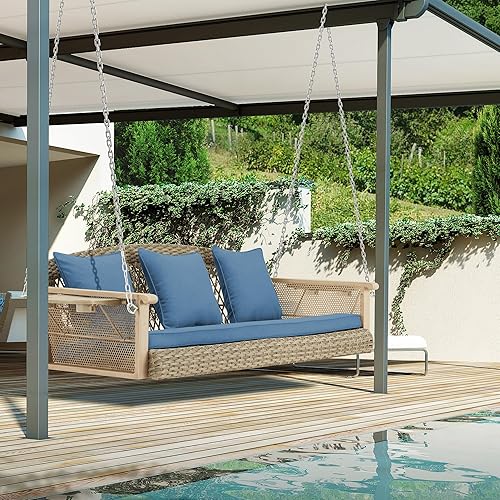 Miniatura 8 de HOMREST Columpio colgante de mimbre para 3 personas de 55 pulgadas con cojines, portavasos y cadenas, capacidad de 800 libras para terraza, jardín,