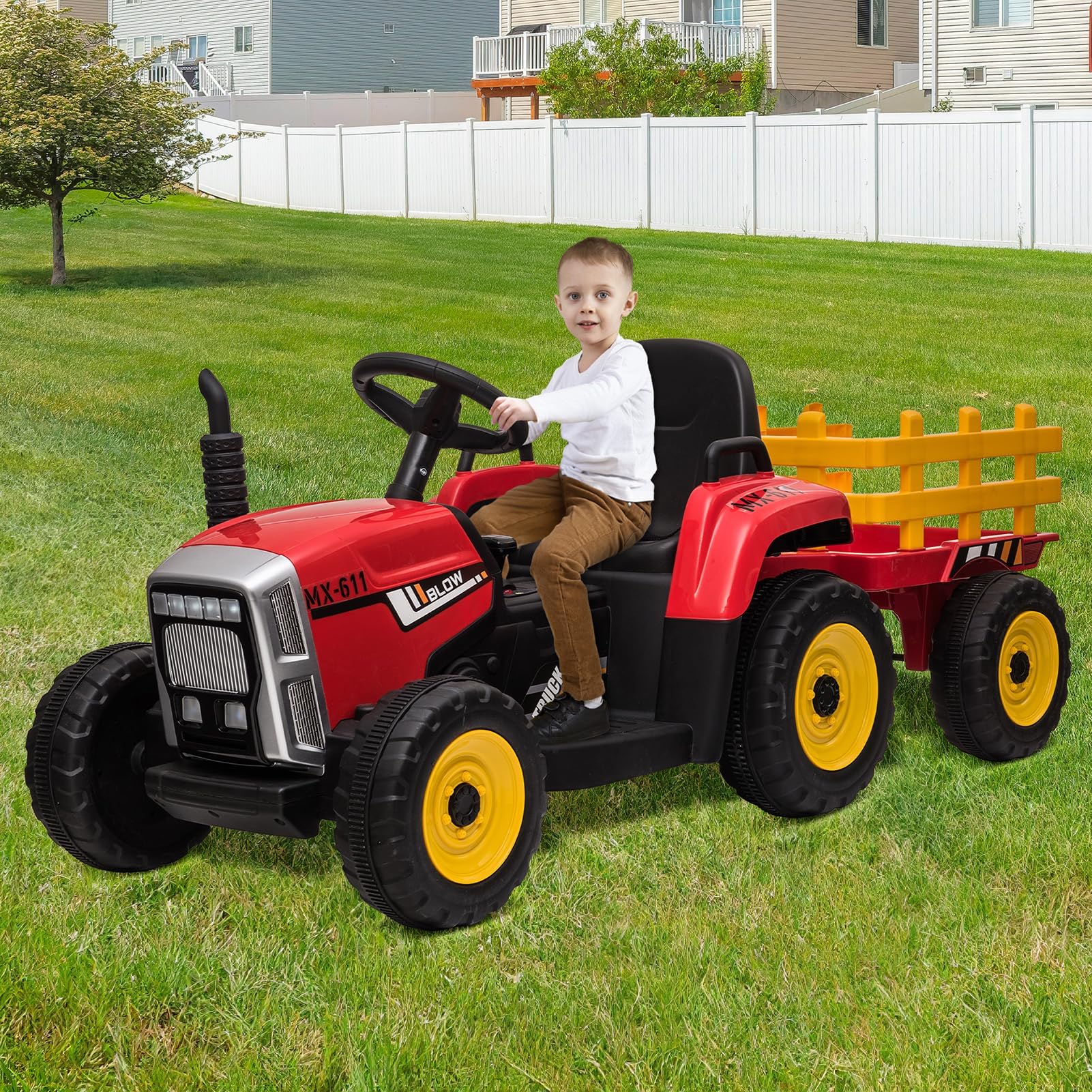 12V Tracteur électrique Enfants, avec Remorque Amovible, Voiture électrique Enfants pour 3 à 8 Ans, avec Télécommande, Musique & MP3, 3 Vitesses, Rouge