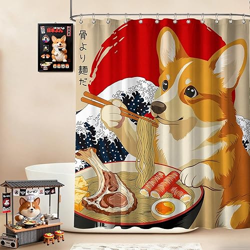 Miniatura 21 de Divertida cortina de ducha con diseño de gato japonés para juegos de decoración de baño, tela de tela impermeable con ganchos, 70 x 72 pulgadas