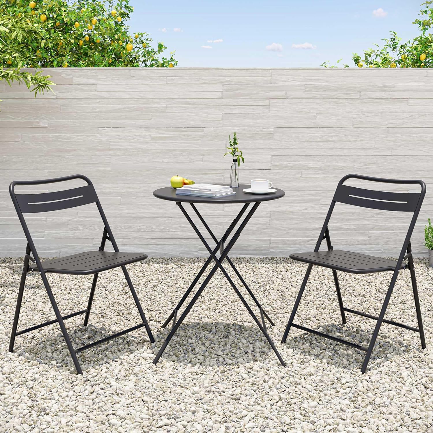 LAUSAINT HOME 3-Piece Outdoor Bistro Set, Folding Steel Patio Table and Chairs, Weather-Resistant for Balcony, Garden, Yard, Poolside & Indoor Use (Round, Black)