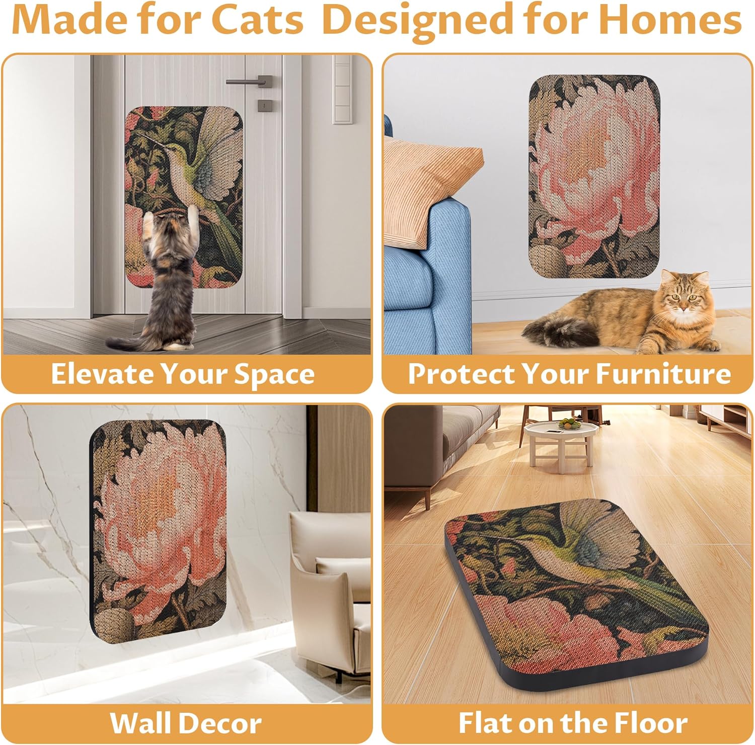 2 Pack Art Cat Scratcher, Wall-Mountable Cat Scratch Pad, Cat Wall Scratcher 16.7x11x1 Inch Cat Scratching Board for Indoor Cats Toy (Hummingbird & Flower)