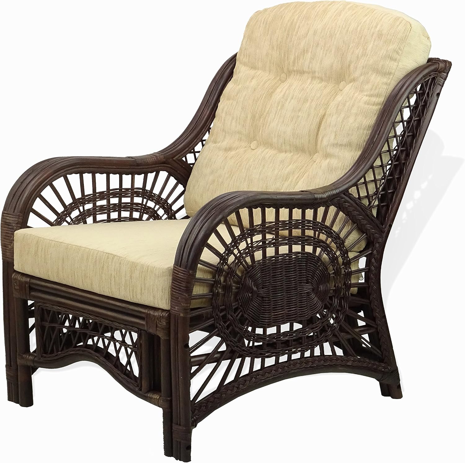 Wickerix Malibu Living Set of 2 Chairs Natural Rattan Wicker Handmade with Cream Cushions and Round Coffee Table w/Glass, Dark Brown
