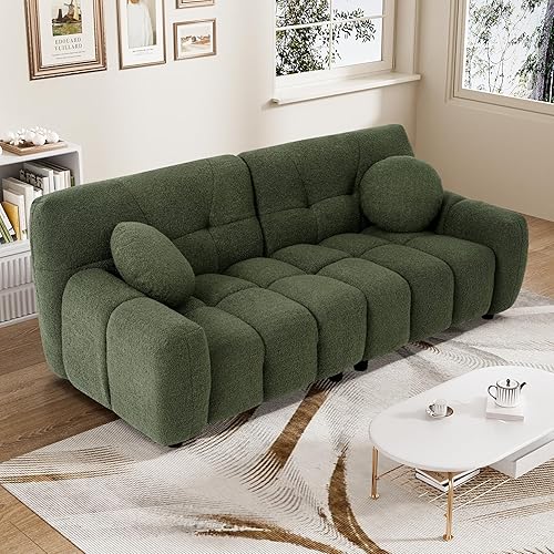 Modern Boucle Sofa Couch, Comfy Deep Seat Teddy Cloud Couch, 72.8" Upholstered Cozy Sherpa 2 Seater Couches with Pillows, Oversized Loveseat Sofa for Living Room, Apartment, Emerald Green