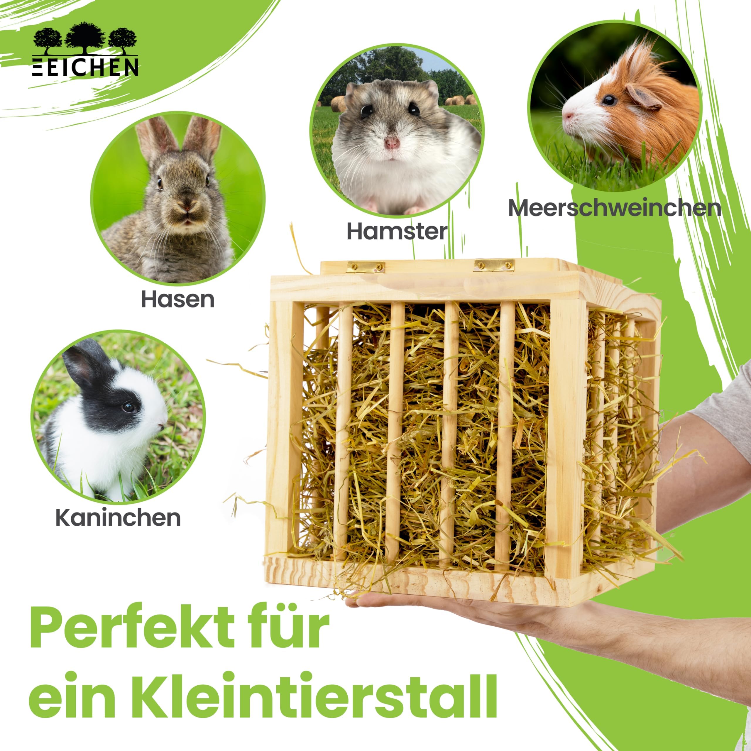 Heuraufe Kaninchen, Hasen, Hamster. Stabiler Stand in Würfelform. Unbehandeltes Naturholz. Perfekt für den Kaninchenstall. Heuraufe Meerschweinchen. Heu. Zubehör. Groß. Stehend | Drei Eichen