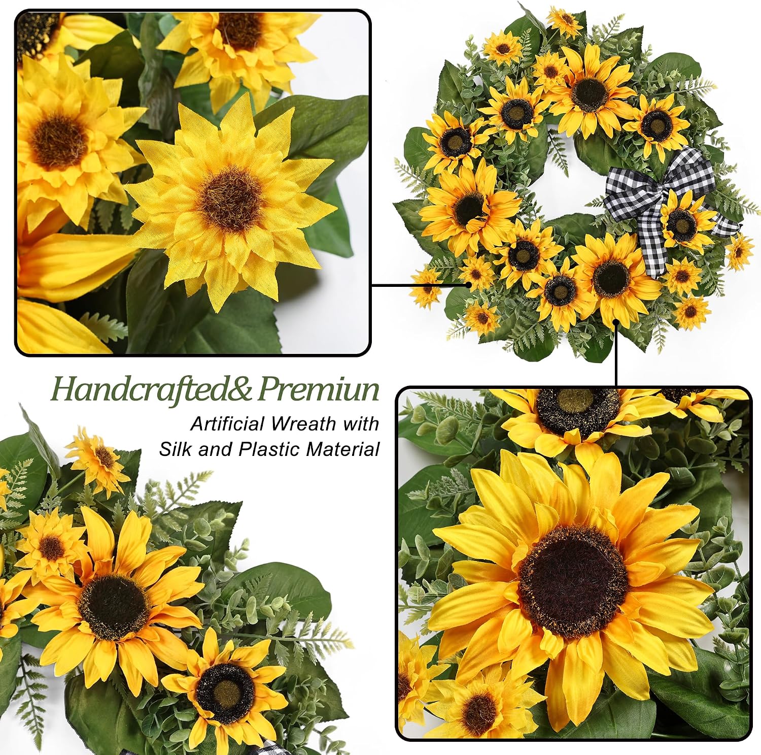 24 Inch Large Sunflower Spring Summer Wreath for Front Door, All Season Wreath with Bow Wreaths for Unique Housewarming Gift, Porch Wall Farmhouse Home Wedding Holiday Decor