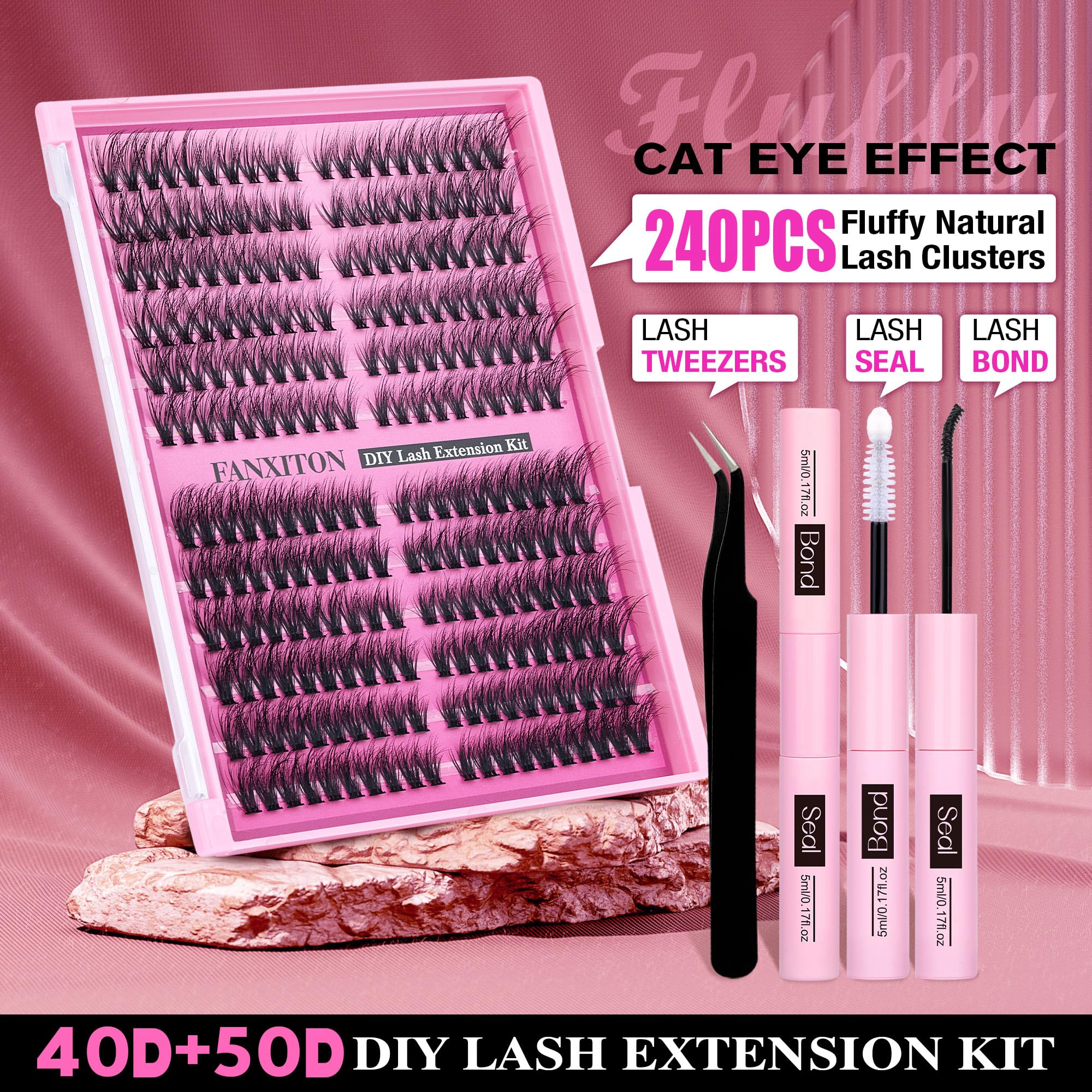 FANXITON DIY Individual Eyelash Extension Kit, Thick Volume Lash Clusters 40D+50D D Curvature, 280 Pieces Thin Band Cluster Lashes with Bond and Seal Tweezers: FANXITON Lash Extension Kit Fluffy Lash Clusters Kit 40D+50D Natural Lash Clusters D Curl Cat Eye Lash Clusters Eyelash Curlers Individual Lashes Lashes Clusters Bond and Seal Lash Tweezers