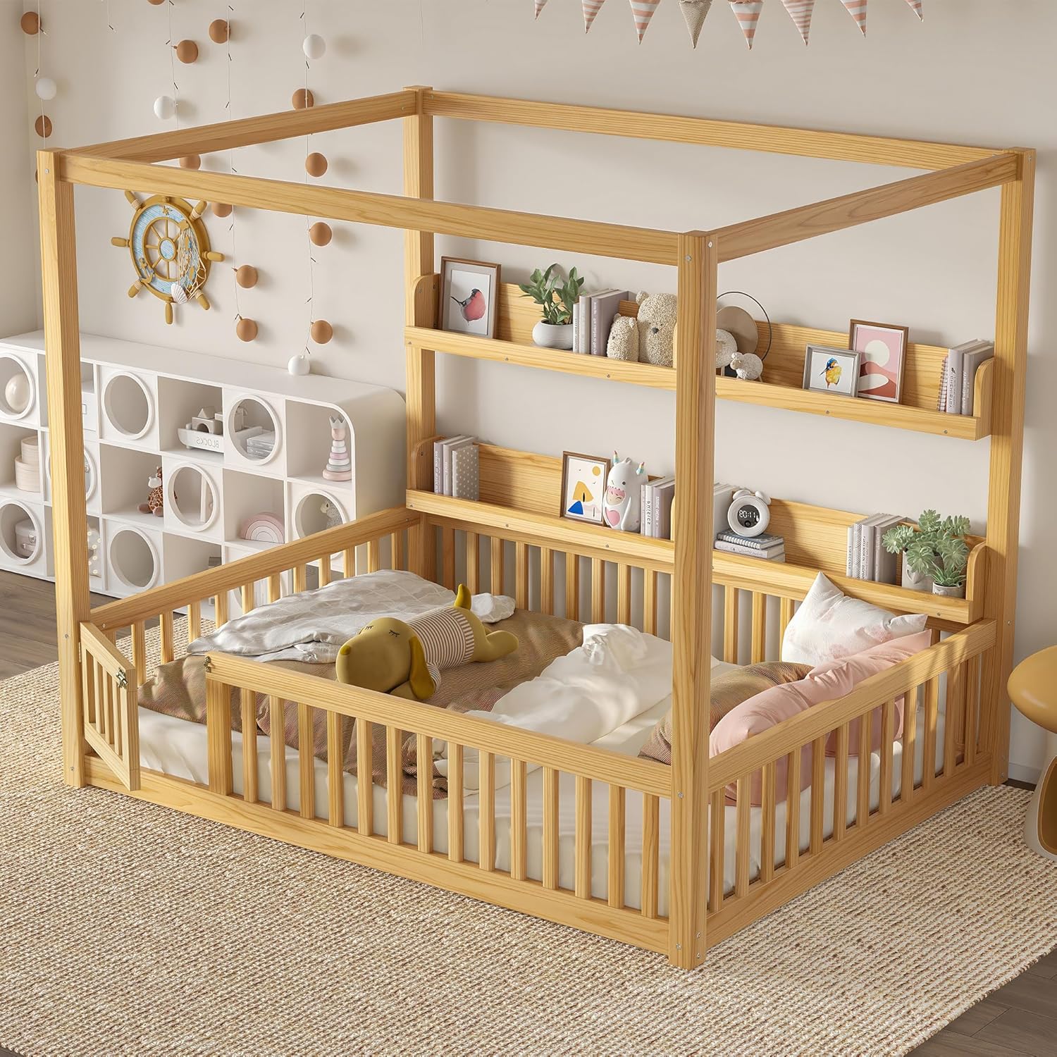 GOWE Full Size Canopy Bed with Guardrails, Solid Wood Floor Bed with Shelves, Montessori Floor Bed Frame for Kids, Boys, Girls, No Spring Box Needed, Natural