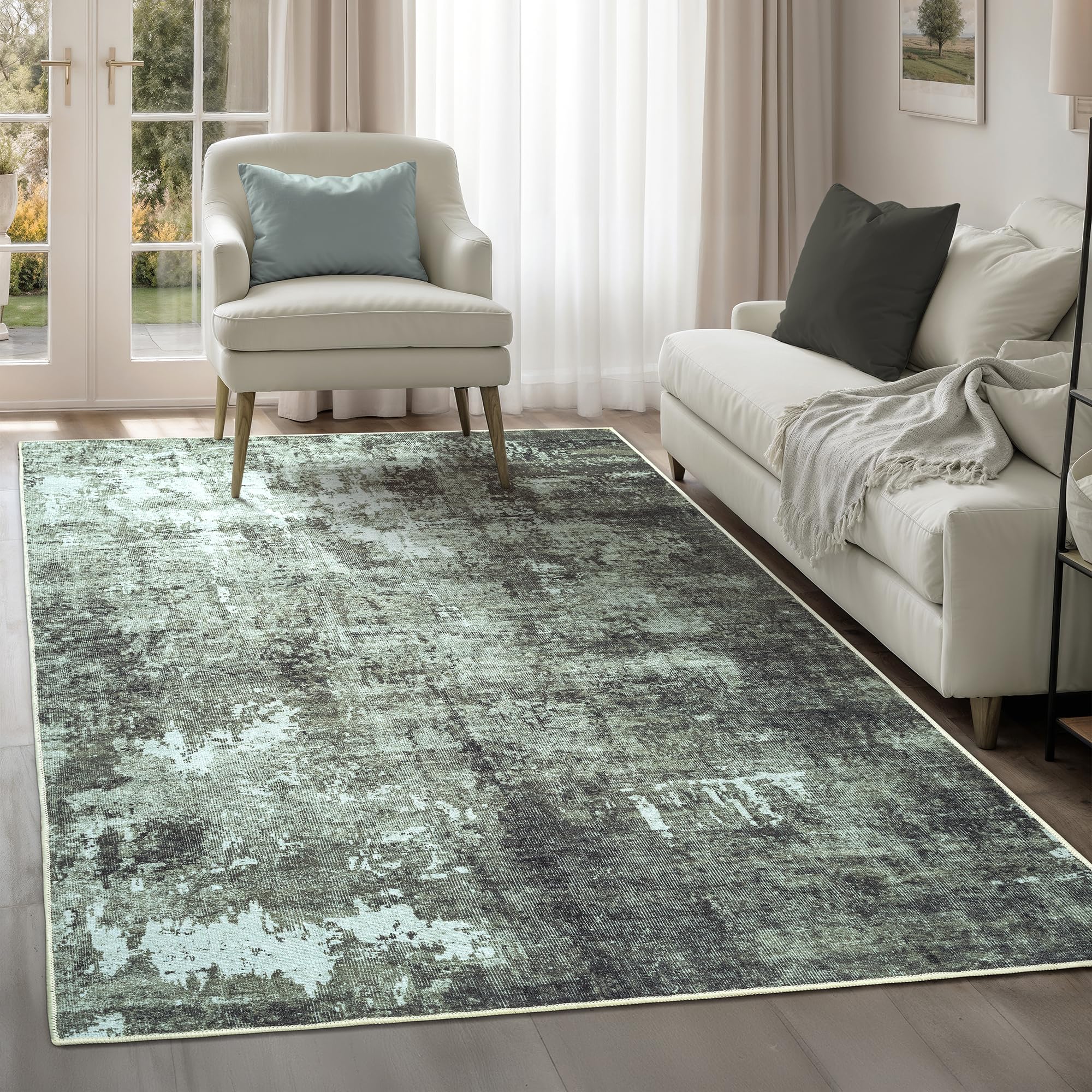 Tapis de salon sauge foncé lavable idéal pour une cuisine ou une chambre d'enfant