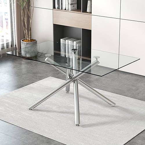 Mesa de comedor de cristal de 63 pulgadas con parte superior de cristal rectangular transparente 4 patas cromadas plateadas modernas muebles de mesa
