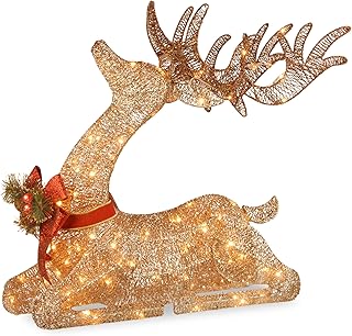 National Tree Company 4ft Pre-lit Sisal Splendor Champagne Lying Deer | 105 Warm White LED Lights, Ground Stakes, Artificial Outdoor Christmas Decoration
