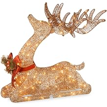 National Tree Company Pre-lit Artificial Christmas D cor | Includes Pre-strung White LED Lights and Ground Stakes | Sisal Splendor Champagne Lying Deer - 4 ft