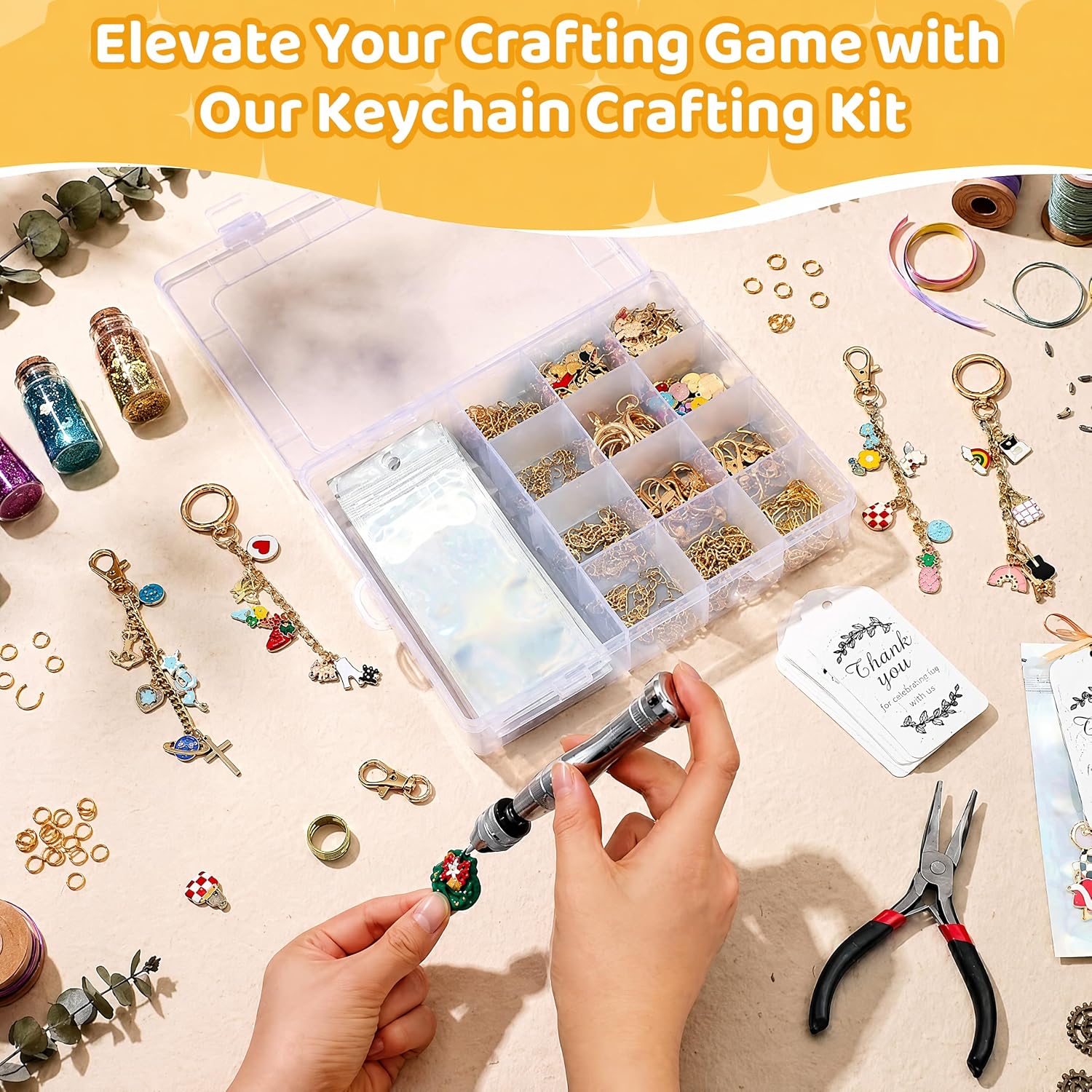 OORRFW 753Pcs Lip Gloss Keychain Making Kit with Hand Drill & Screw Eye Pins – Enamel & Letter Charms, Chains, Rings & Tools for Wood/Resin/Acrylic, Party Favors, Valentine‘s Gifts