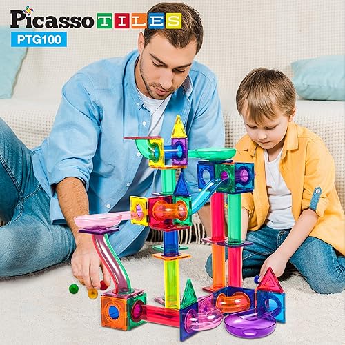 Miniatura 4 de PicassoTiles Paquete de 100 azulejos magnéticos + 100 piezas de canicas para carreras de carreras divertido y creativo, juguete sensorial educativo