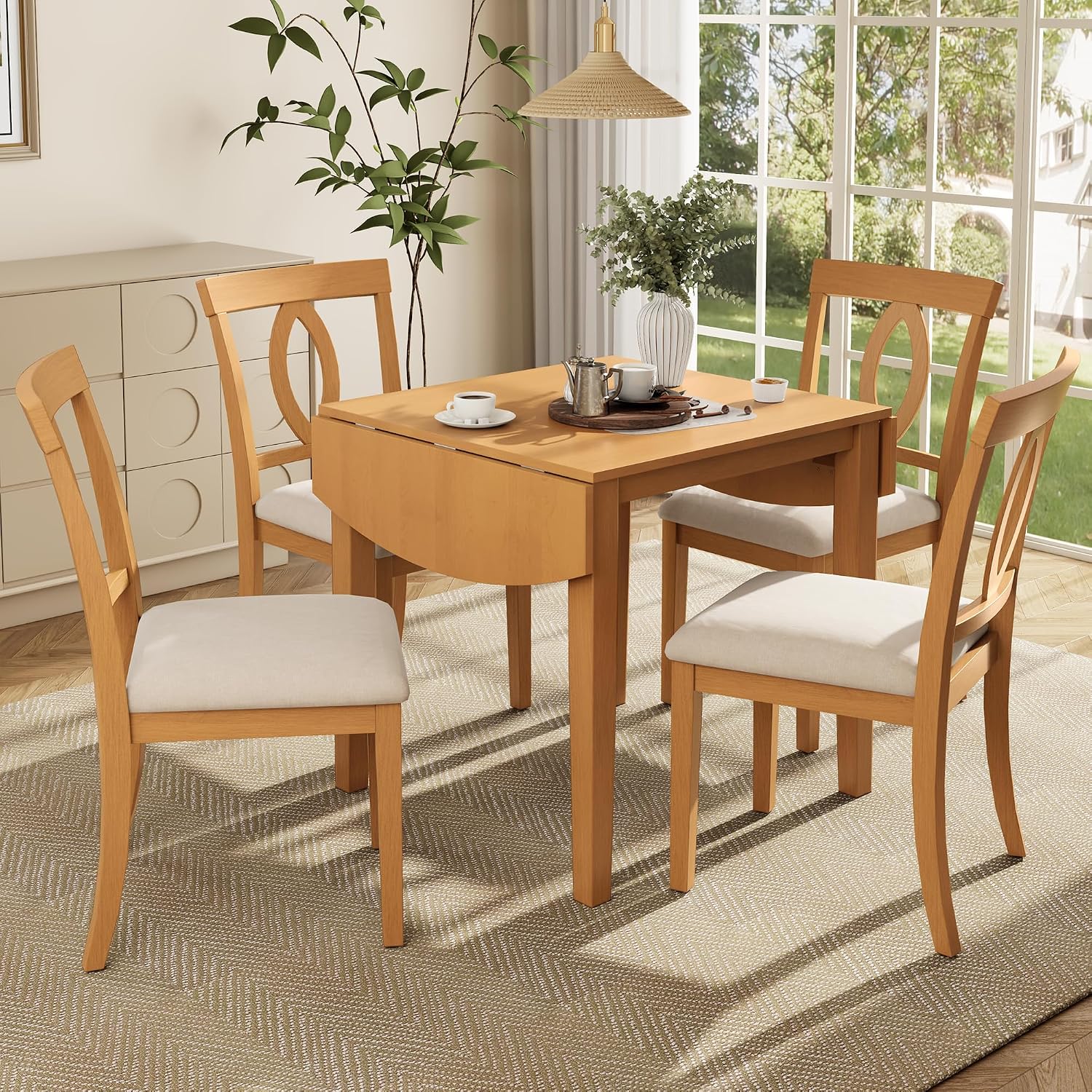Virubi 5-Piece Drop Leaf Dining Table Set, Folding Extendable Table and 4 Upholstered Chairs, Space-Saving Kitchen Dining Set for 4, Apartments, Natural