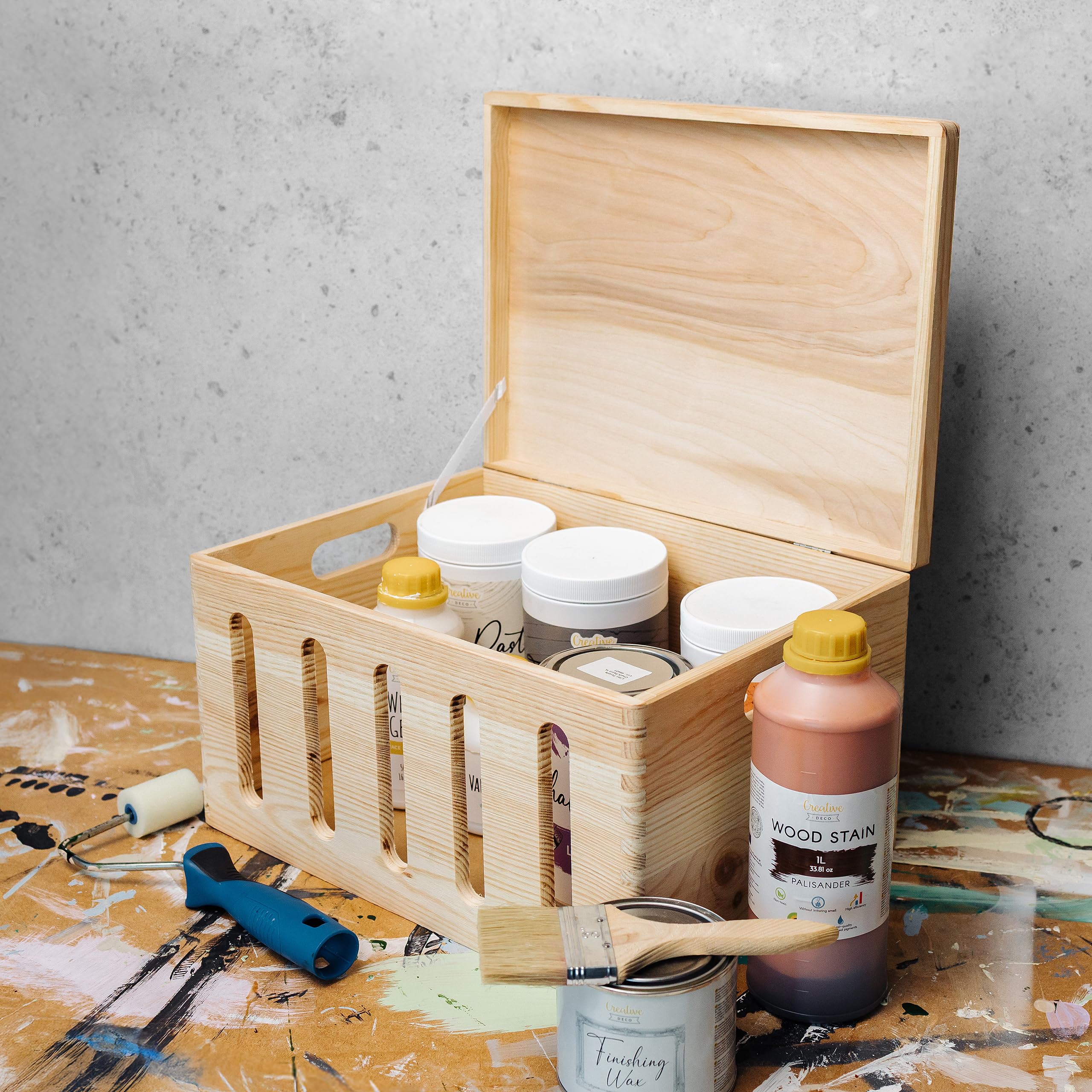 Creative DECO Grande Caja Madera Decorativa | con Tapa Asas 40 x 30 x 24 cm | (+/-1cm) | con Agujeros | Pascua Almacenaje Documentos, Juguetes | Cofre Decorar Regalo Decoupage | EN BRUTO SIN LIJAR