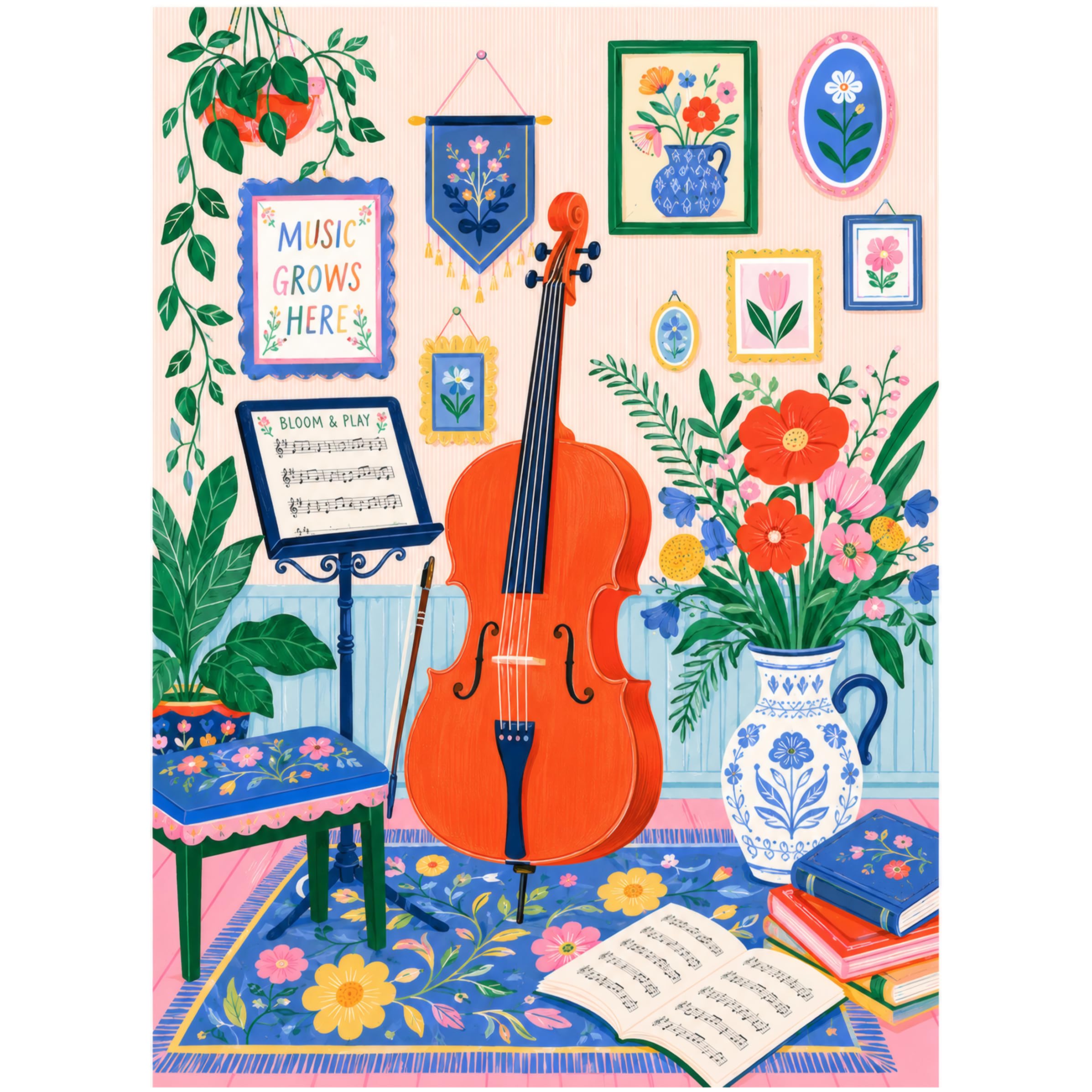 Music Room 500 Piece Jigsaw Puzzle for Adults, Colorful Cello and Flower Studio Scene with Sheet Music, Botanical Frames, Blue Rug, Houseplants, and Folk Art Details, 20.5 x 15 Inch Finished Size