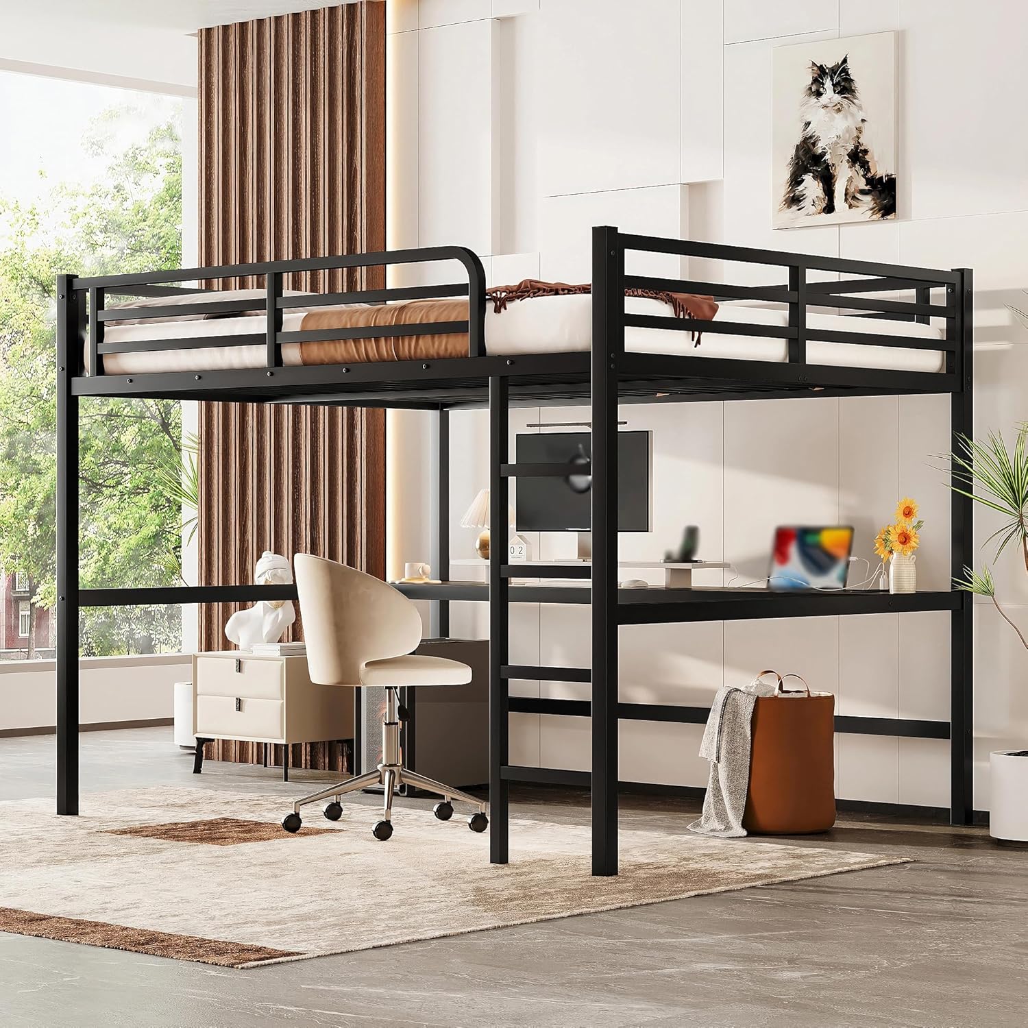 Queen Size Loft Bed, Modern Metal Loft Bed with Built-in Desk, Charging Station & Adjustable LED Lights, Stylish Bed Frame with Guardrails & Ladder for Bedroom Dorm, Space Saving, Slat Support, Black