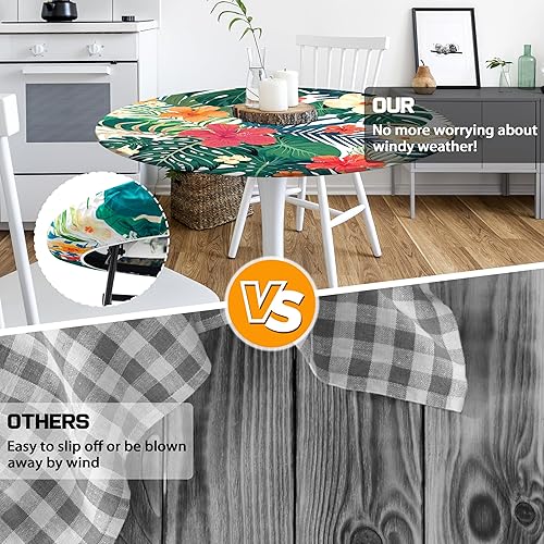 Miniatura 4 de Mantel redondo ajustable con hojas de palma tropicales elásticas para exteriores, mantel redondo impermeable para cocina, fiesta, picnic, 36 a 44