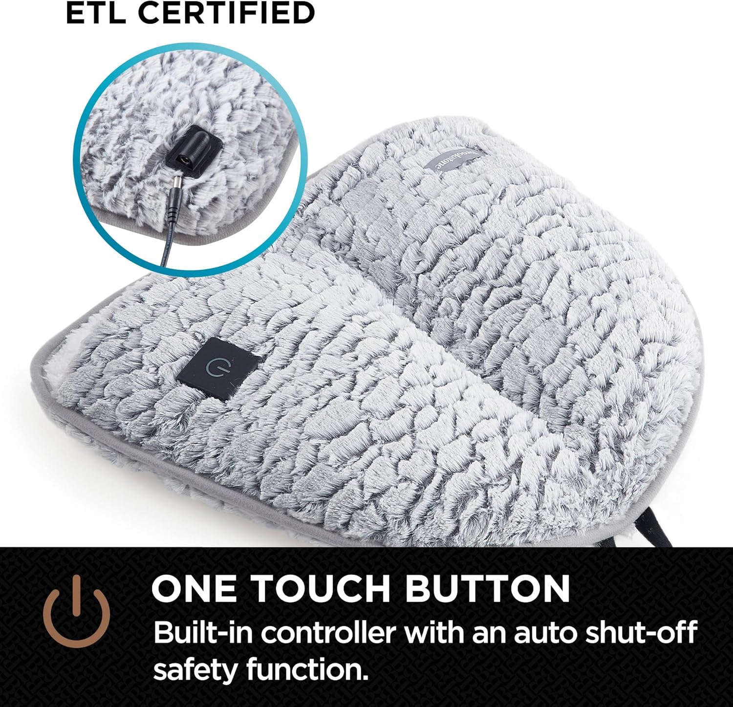 ETL Certified label and power cord connection on Brookstone Electric Foot Warmer