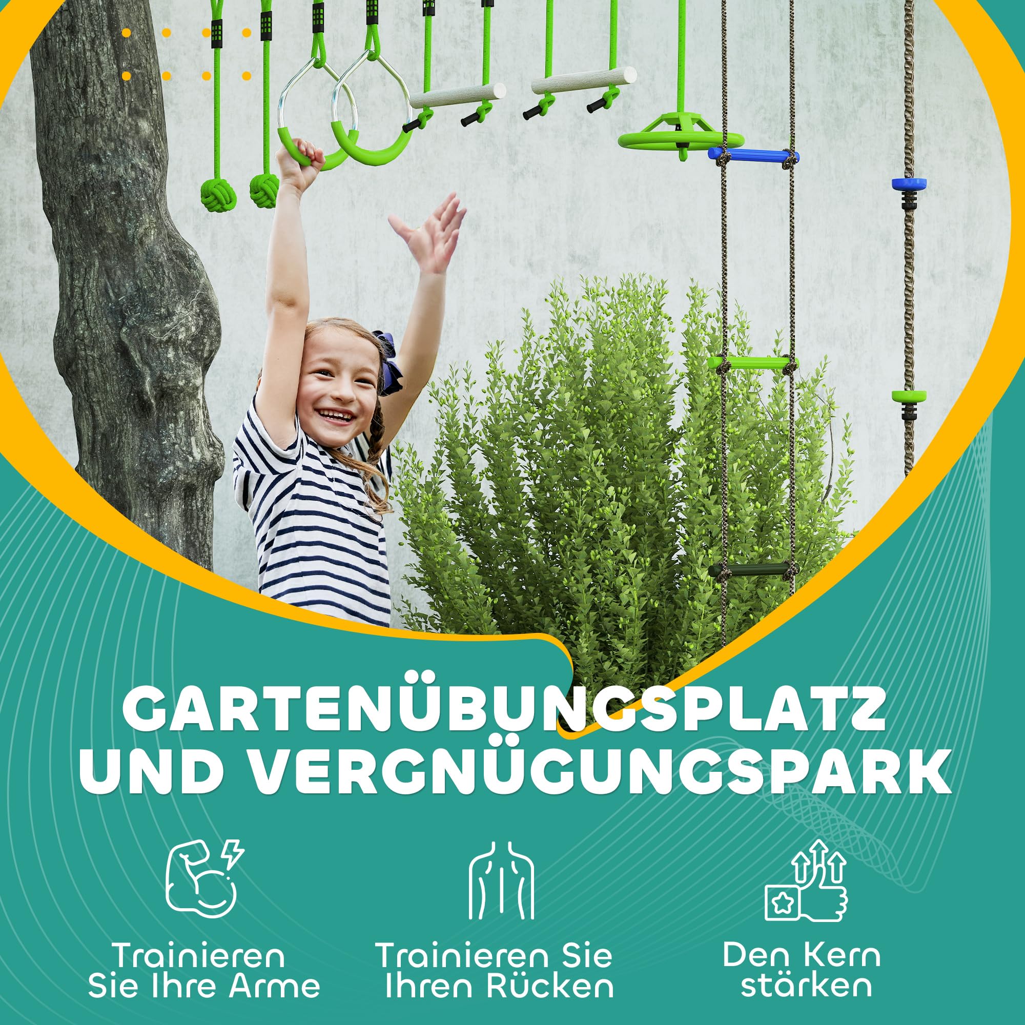 AIYAPLAY Ninja Slackline 10 m für Kinder Ninja Warrior Hindernisparcours Set mit Slackline Turnringe, Spinnerrad, Schaukel, Kletterstangen, Hängetablett, Kletterleiter, Hinderniskurs im Garten Outdoor