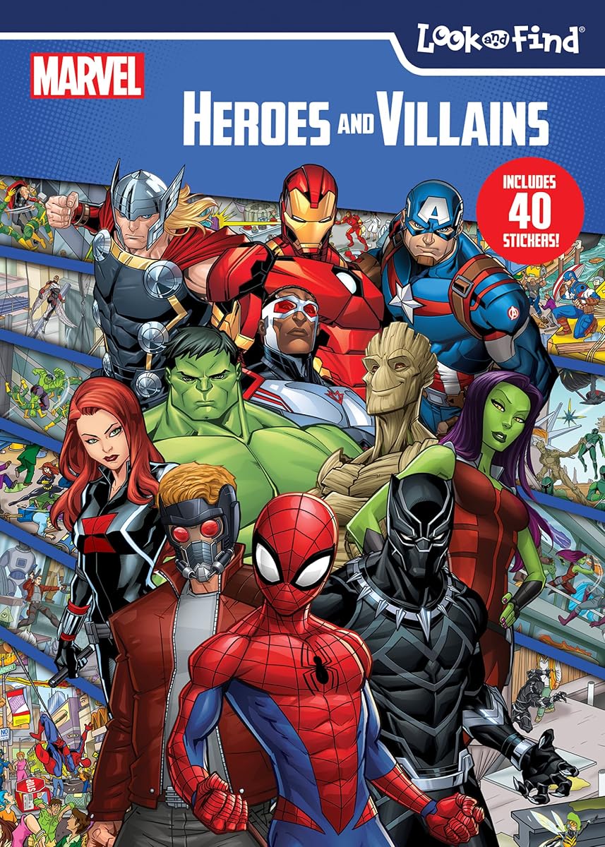 ¡Marvel Spider-man, Vengadores, Guardianes y más! - Libro de actividades de buscar y encontrar héroes y villanos con pegatinas - PI Kids