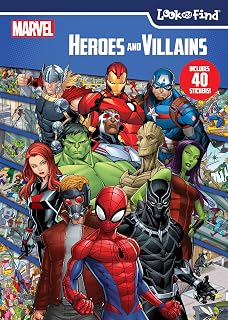 Marvel Spider-Man, Avengers, Guardians Look and Find Activity Book with 40 Stickers - PI Kids Heroes & Villains