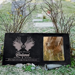 Bivei Piedras conmemorativas personalizadas para mascotas, piedra conmemorativa negra para jardín, regalo grabado, marcador de tumba para mascotas, foto a color de gato/perro, recuerdo de recuerdo por