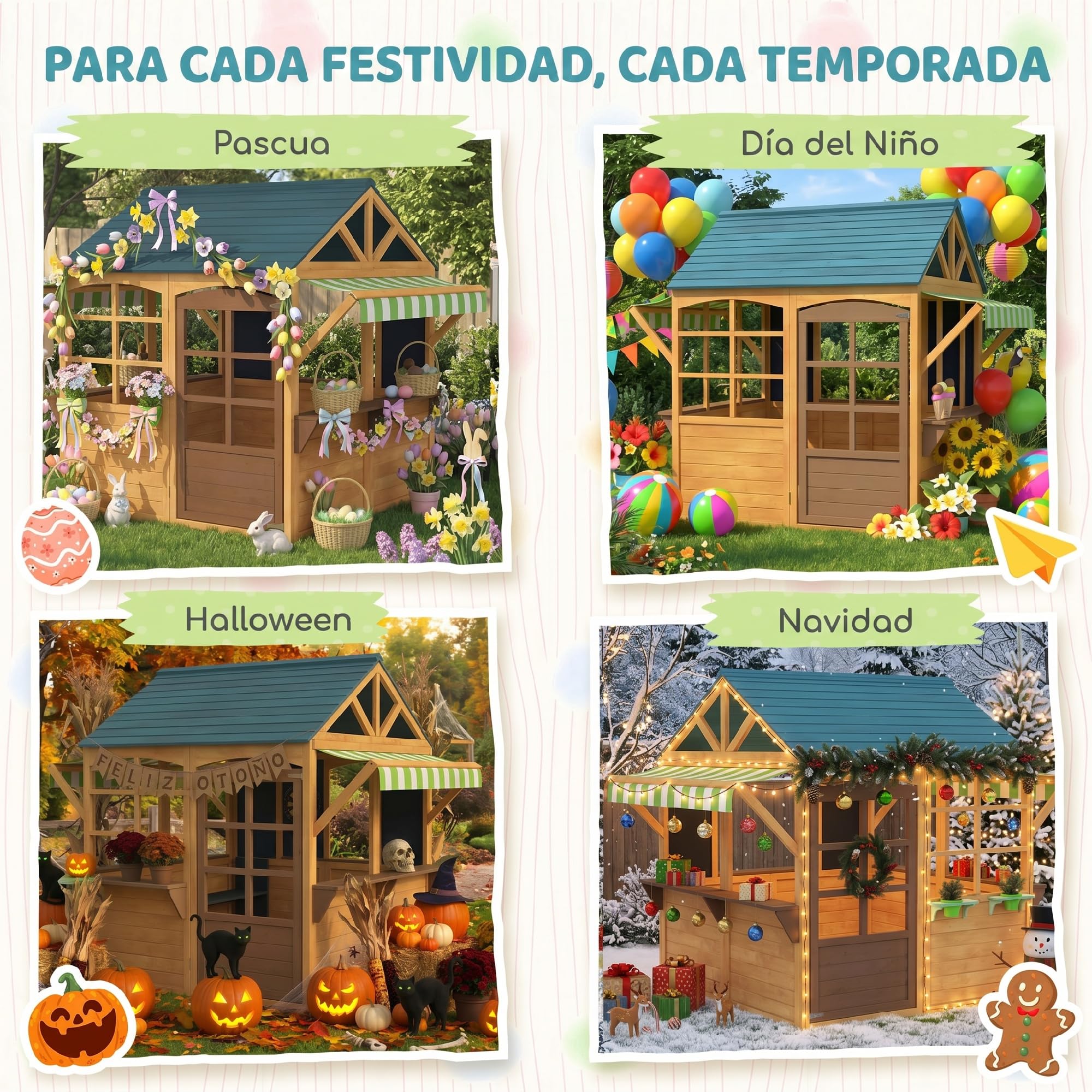 AIYAPLAY Casita Infantil Exterior de Madera Plegable Casa Jardín Infantil con 2 Pizarras Ventanas y Toldo Casita de Juegos para Niños a Partir de 3 Años Natural