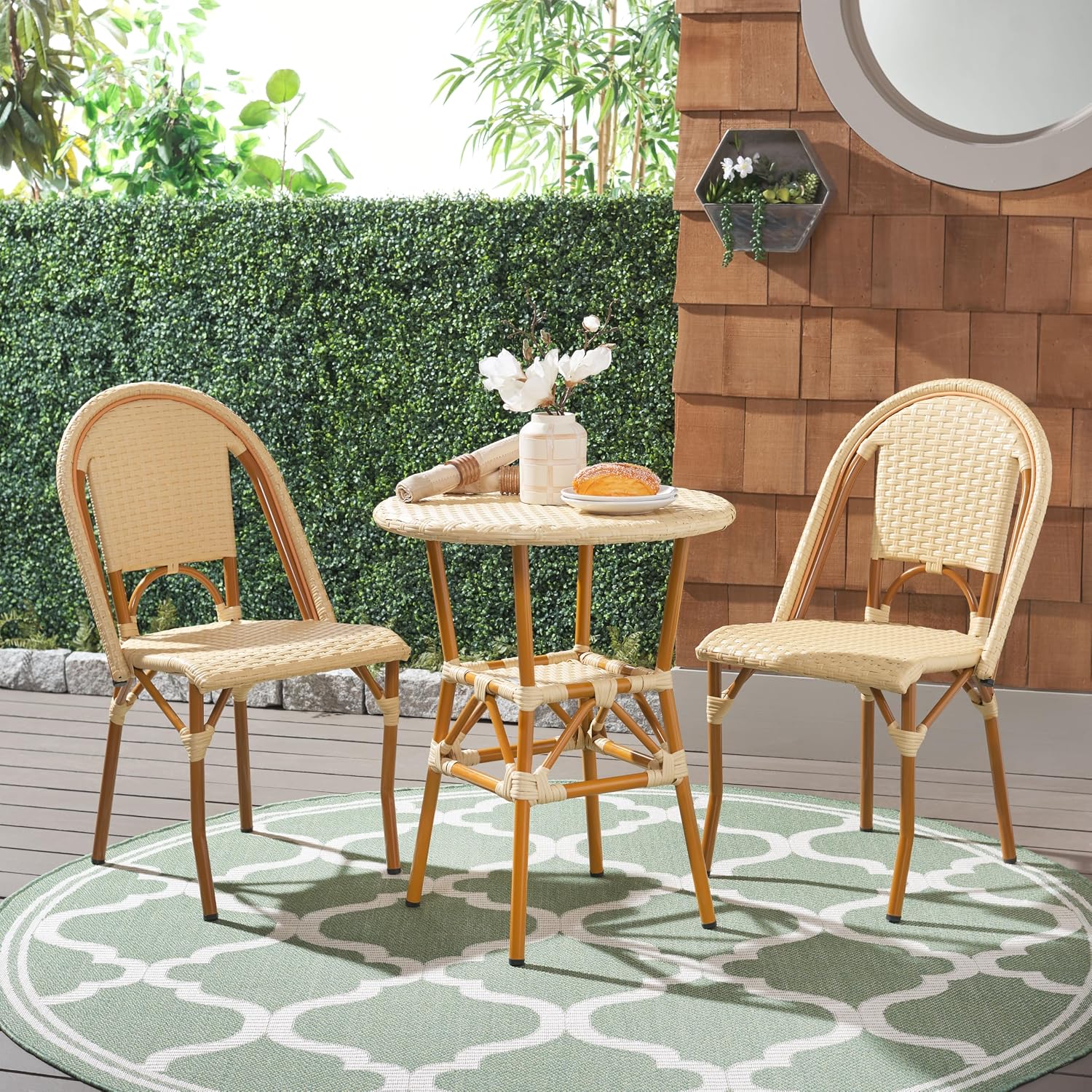 SAFAVIEH Outdoor - California 3 Piece Bistro Set - Natural Faux Wicker & Aluminum Frame - Coastal Design - Ideal for Patio, Deck, Sunroom, Dining Area (PAT9505A-KIT2)