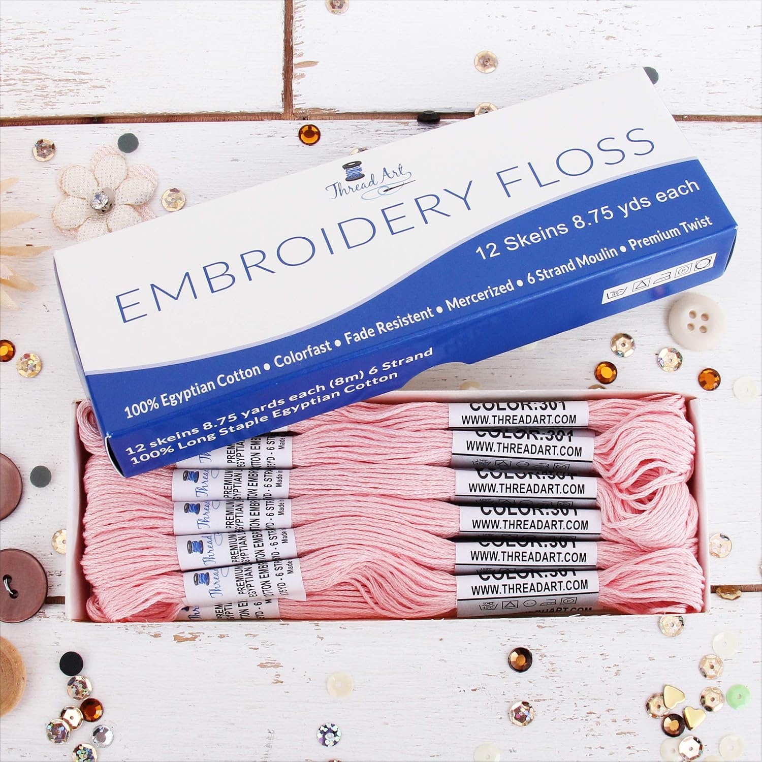 12 Skeins ThreadArt Premium Egyptian Long Fiber Cotton Embroidery Floss | Very Light Pink | 6 Strand Divisible Thread 8.75yds Each for Hand Embroidery, Friendship Bracelets, Cross Stitch and Crafts