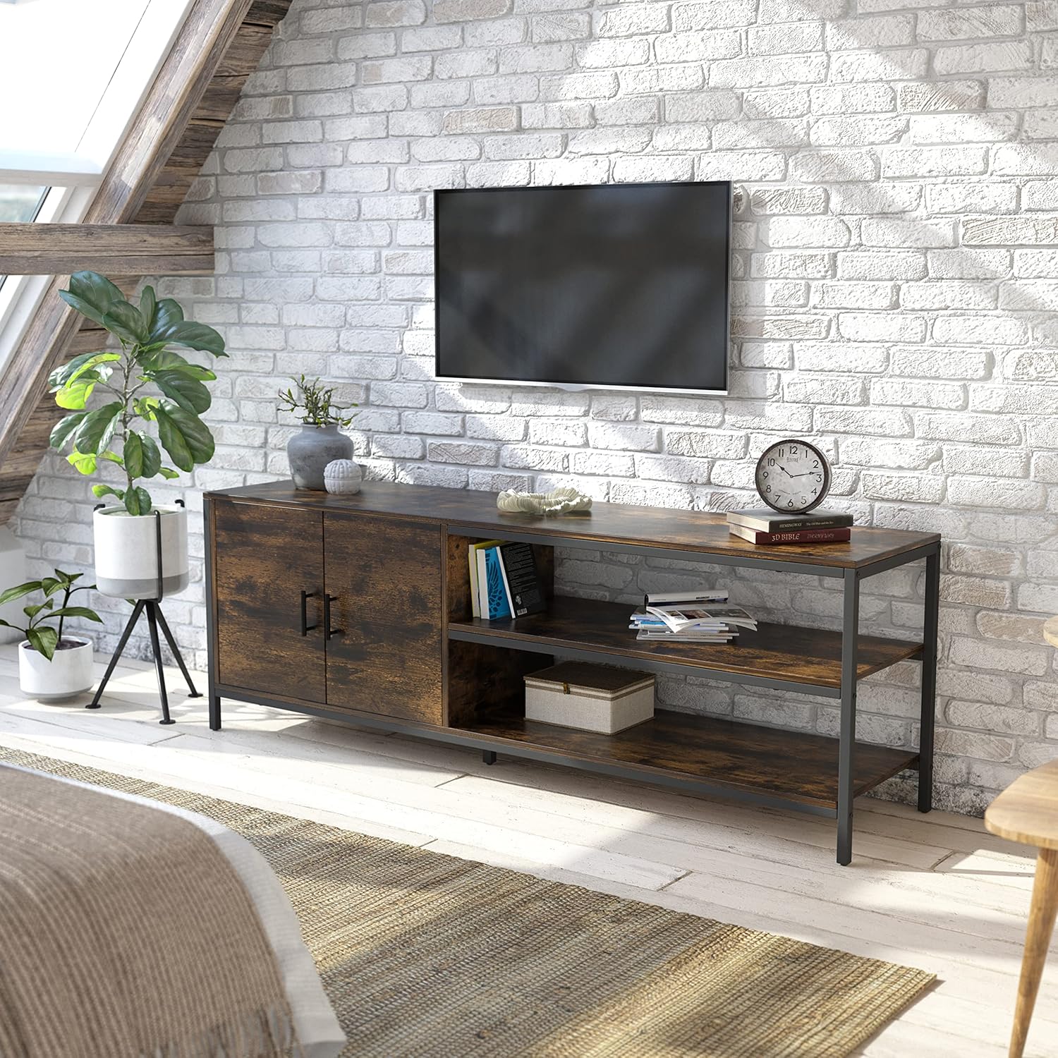 Novilla Retro Farmhouse TV Stand for TVs up to 65 Inches, Living Room Entertainment Center for Flat/Curved Screen, 58 Inches, Brown