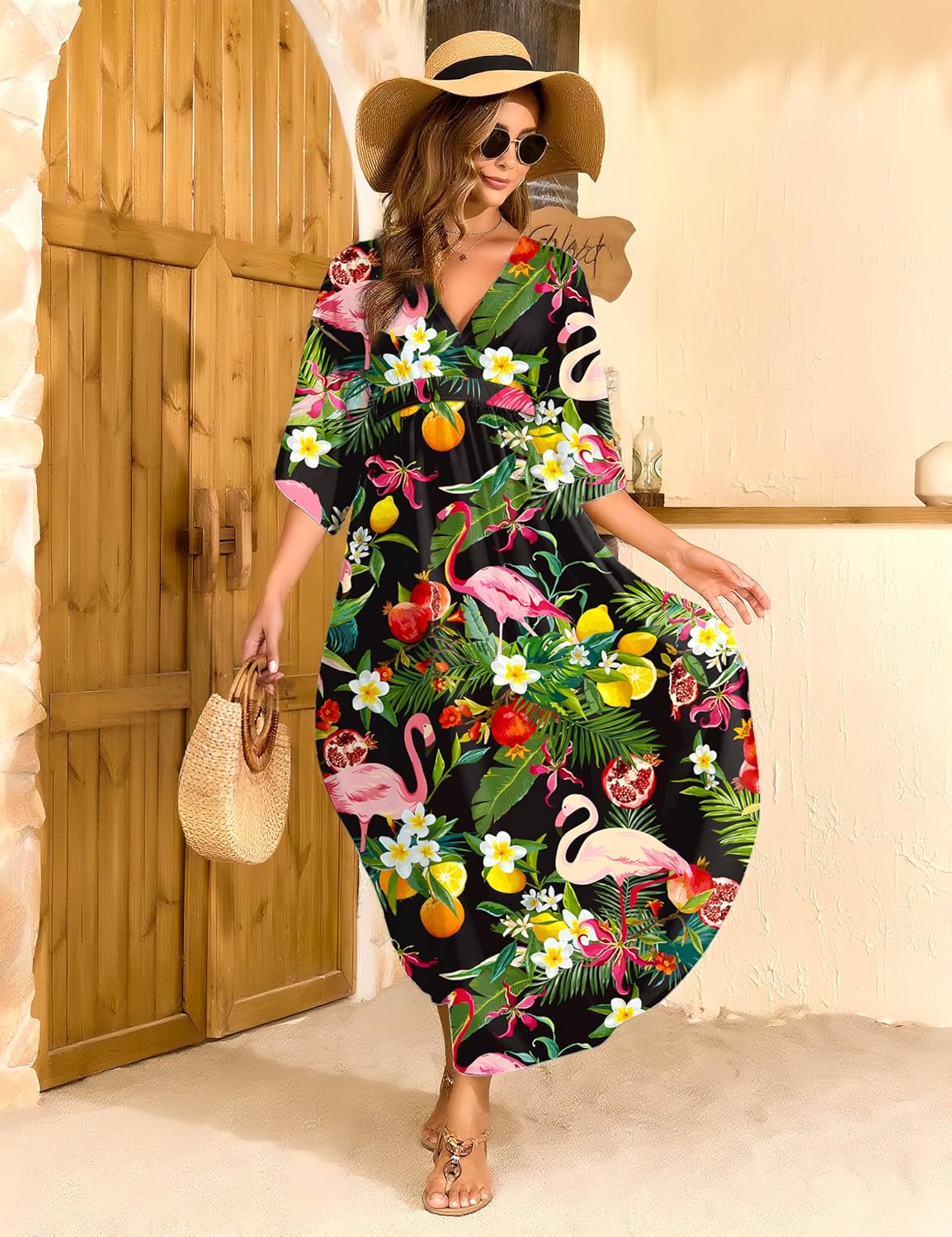 MAKABO Kaftan for Women Dress V Neck Short Sleeve Beach Vacation Bikini Swimsuit Cover Ups Loungewear for Summer - Image 3