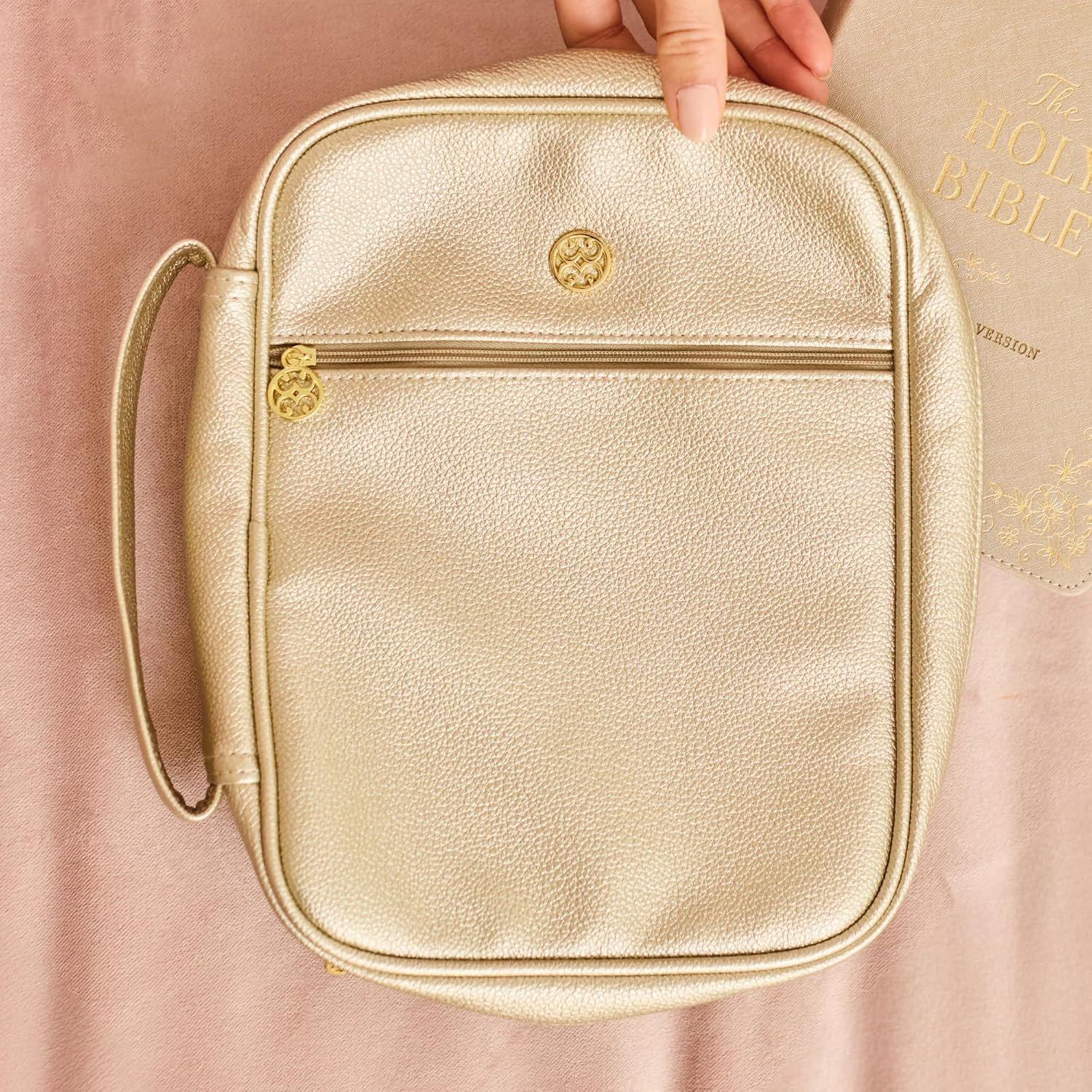 Mary Square Bible Book Cover with Zipper and Carry Handle for Church Travel Standard 10 x 9 Inch Vegan Leather Champagne