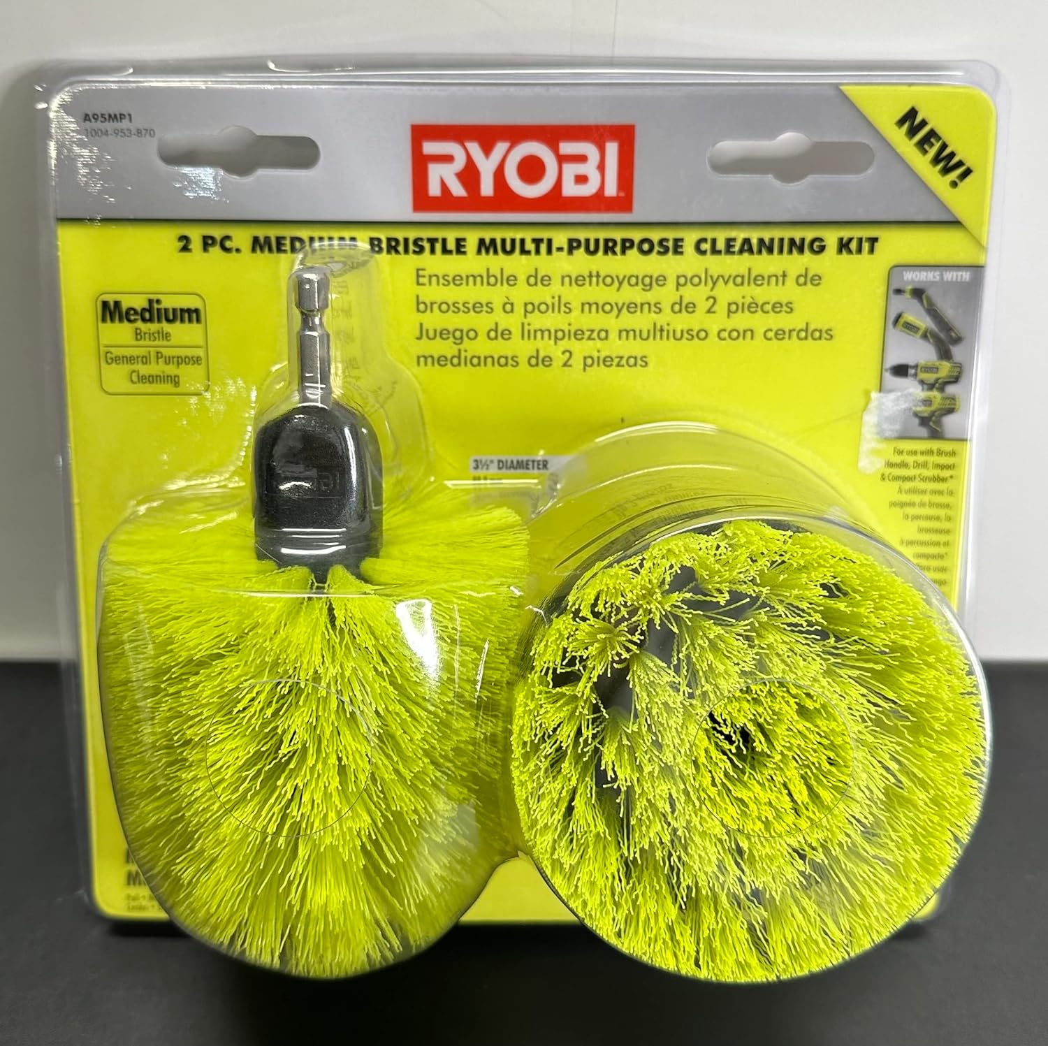 RYOBI 2-PC. Medium Bristle Nylon Cleaning Brush Kit (360-Degree Brush, 3.5 in. Brush) - Yellow, Kitchen, Bathroom