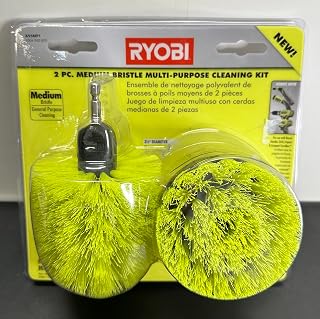 RYOBI 2-PC. Medium Bristle Nylon Cleaning Brush Kit (360-Degree Brush, 3.5 in. Brush) - Yellow, Kitchen, Bathroom